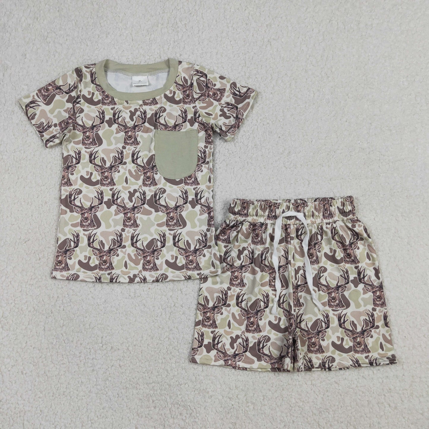 BSSO1794 Deer Hunting Pocket Gray Green Camouflage Short Sleeve Shorts Boys Sets 202604 RTS