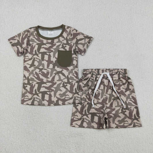 BSSO1795 Duck Hunting Pocket Dark Green Camouflage Short Sleeve Shorts Boys Sets 202603 RTS