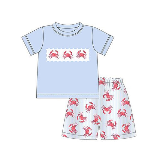MOQ 5 PCS preorder BSSO1798 Crab Pattern Blue Short Sleeve Shorts Boys Sets 202512
