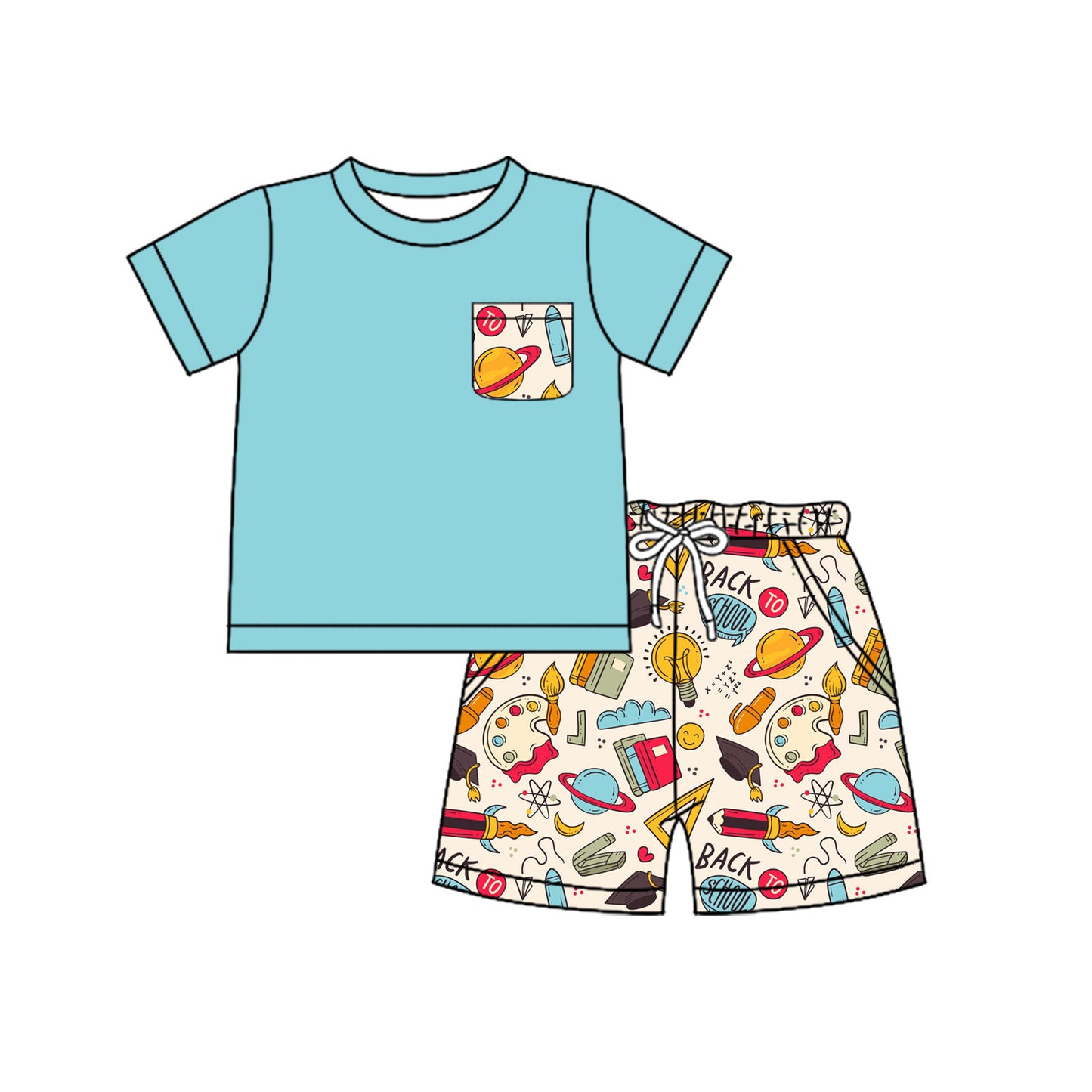 MOQ 5 PCS preorder BSSO1800 Back to School Palette-Style Book Pocket Blue Green Short Sleeve Shorts Boys Sets 202512