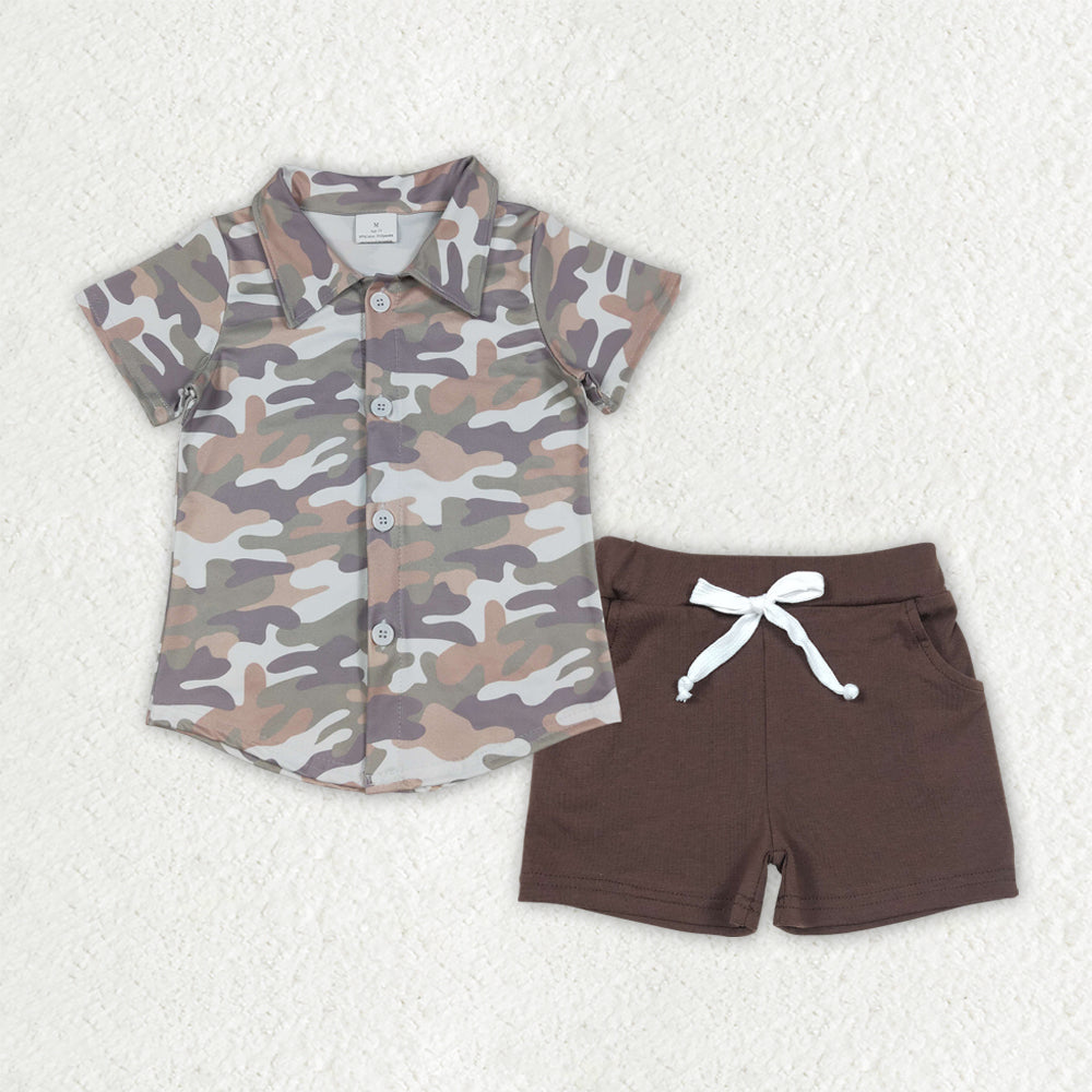 BSSO1804 Gray Green Brown Camouflage Buttons Polo Short Sleeve Brown Shorts Boys Sets 202512 RTS