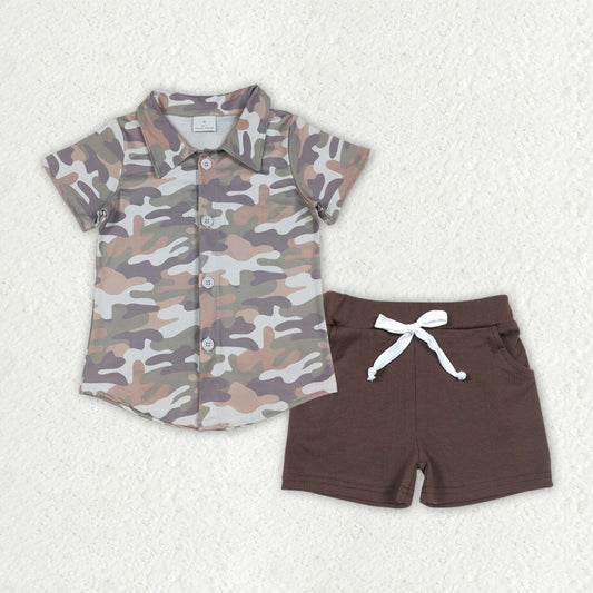 BSSO1804 Gray Green Brown Camouflage Buttons Polo Short Sleeve Brown Shorts Boys Sets 202512 RTS