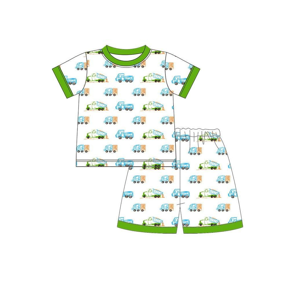 MOQ 5 PCS preorder BSSO1811 Construction Vehicle Green White Short Sleeve Shorts Boys Pajama Set 202512