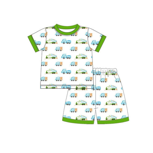 MOQ 5 PCS preorder BSSO1811 Construction Vehicle Green White Short Sleeve Shorts Boys Pajama Set 202512