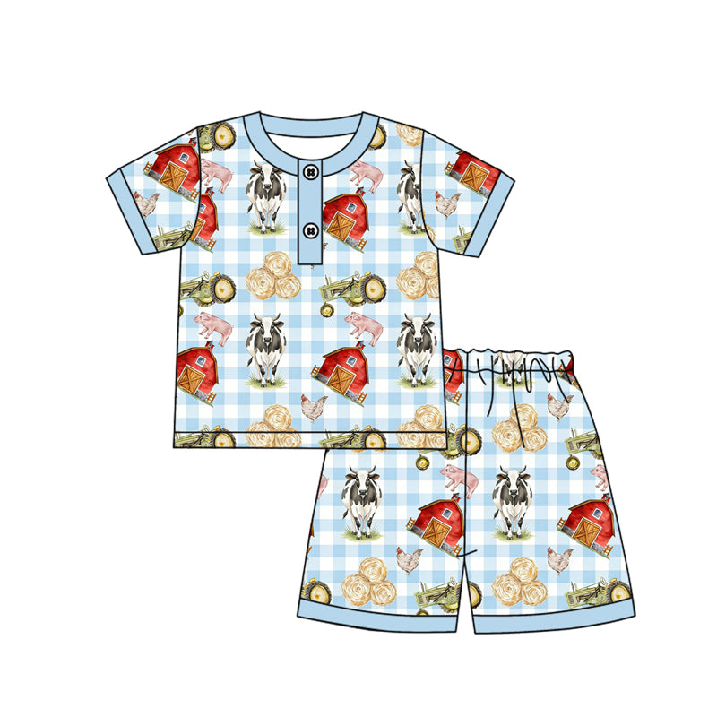 MOQ 5 PCS preorder BSSO1813 Farm Animals Houre Blue Plaid Short Sleeve Shorts Boys Pajama Set 202512