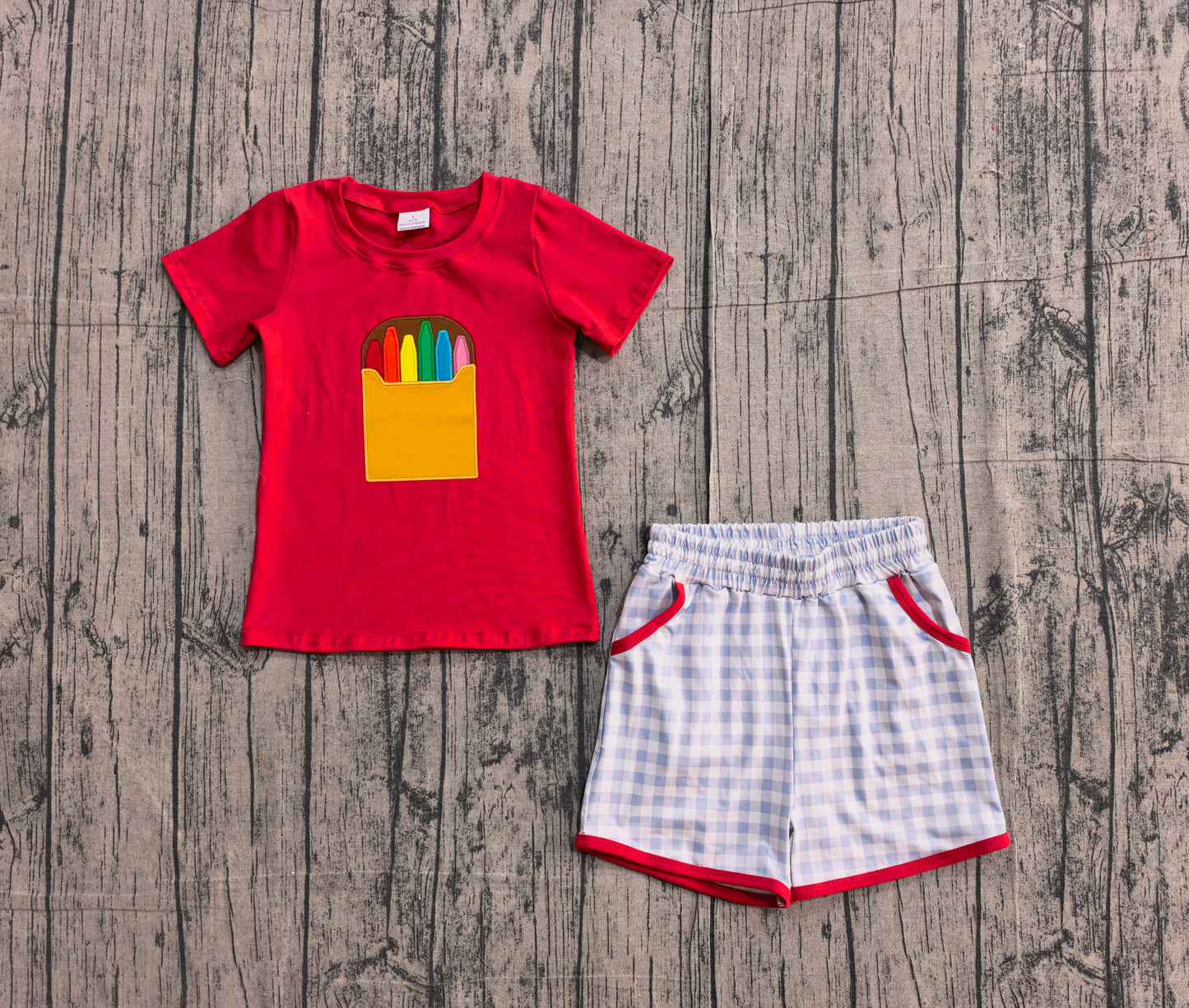 NO MOQ preorder BSSO1819 Embroidered Back to School Crayon Red Short Sleeve Shorts Boys Sets 202601
