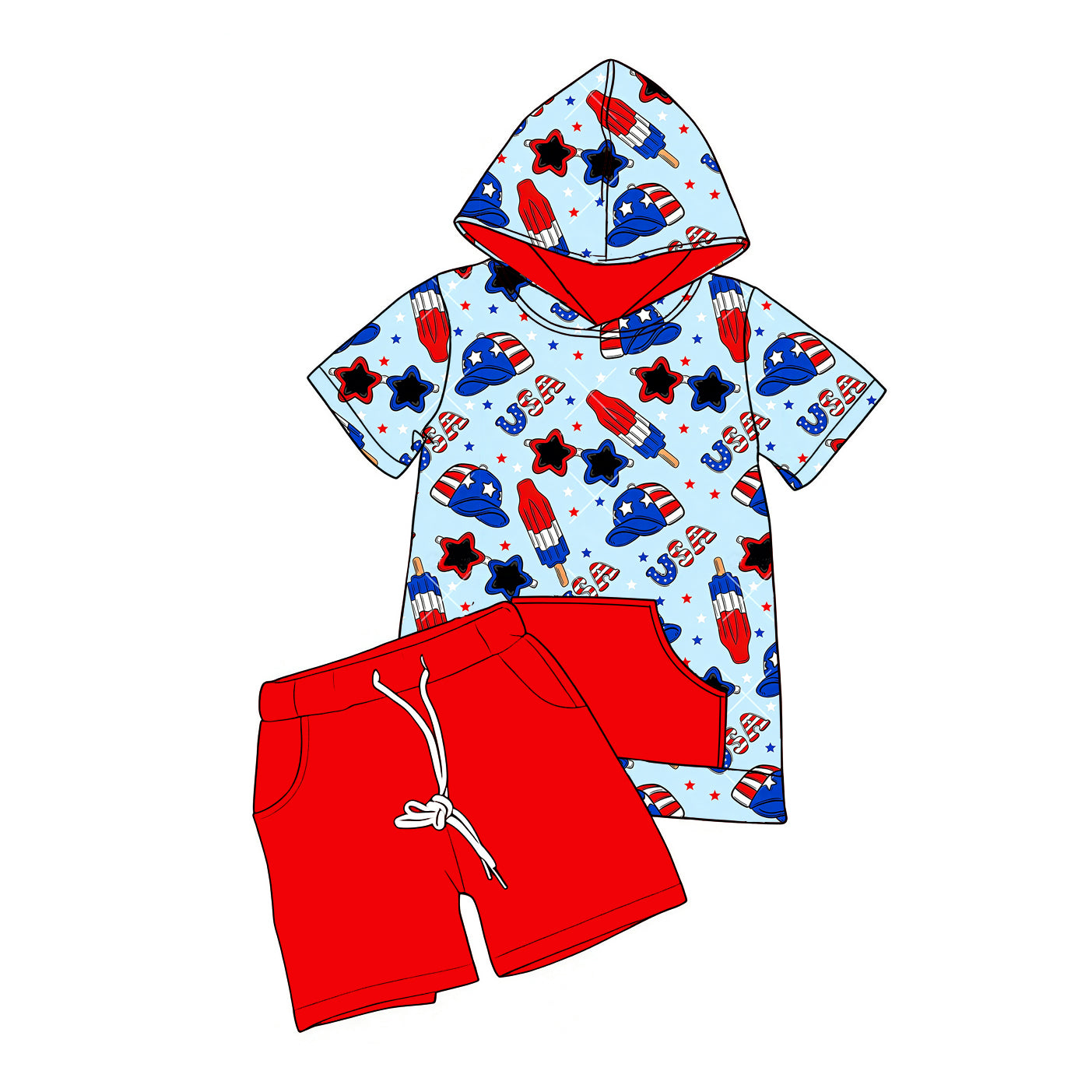 MOQ 5 PCS preorder BSSO1821 4th of July USA Star Ice Cream Blue Hooded Short Sleeve Red Shorts Boys Sets 202512