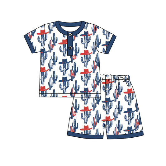 MOQ 5 PCS preorder BSSO1822 Cowboy Cactus Hat Navy Blue Short Sleeve Shorts Boys Pajama Set 202512