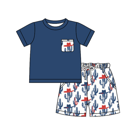 MOQ 5 PCS preorder BSSO1823 Cowboy Cactus Hat Pocket Navy Blue Short Sleeve Shorts Boys Sets 202512