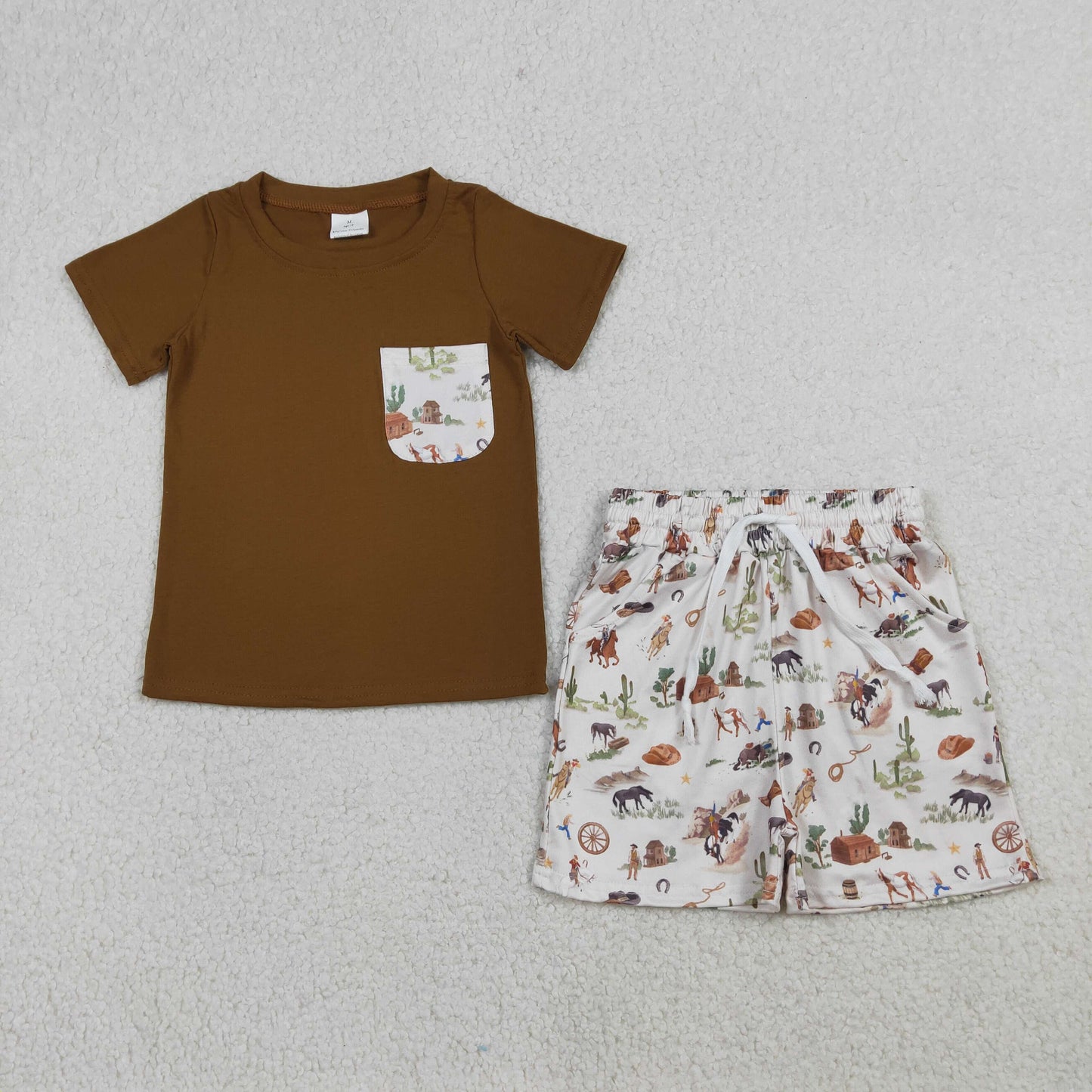 BSSO1825 Cowboy Horse Riding Pocket Brown Short Sleeve Shorts Boys Sets 202603 RTS