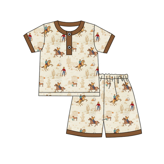 MOQ 5 PCS preorder BSSO1826 Cowboy Horse Riding Beige Brown Short Sleeve Shorts Boys Pajama Set 202512