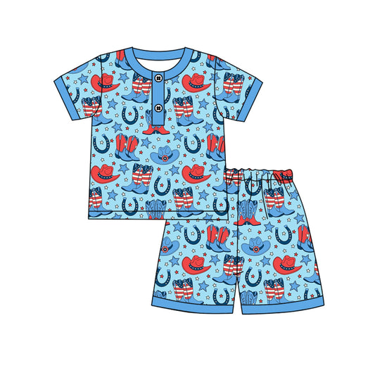 MOQ 5 PCS preorder BSSO1828 4th of July Cowboy Star Boots Hat Blue Short Sleeve Shorts Boys Pajama Set 202512