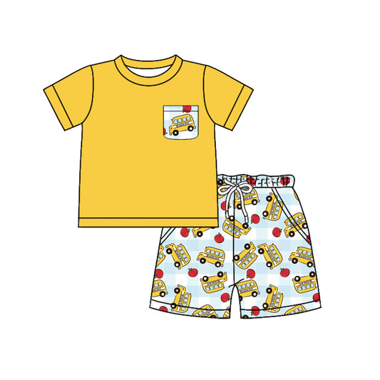 MOQ 5 PCS preorder BSSO1830 Back to School Bus Pocket Yellow Short Sleeve Shorts Boys Sets 202512