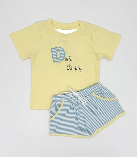 MOQ 5 PCS preorder BSSO1831 Back to School D is for Daddy Letter Yellow Short Sleeve Shorts Boys Sets 202512