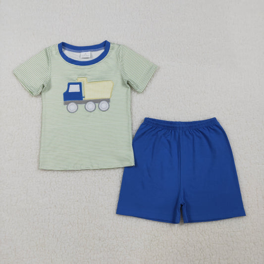 BSSO1833 Embroidered Truck Pattern Green Stripe Short Sleeve Blue Shorts Boys Sets 202603 RTS