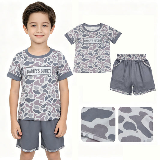 BSSO1838 Embroidered DADDY'S BUDDY Gray Blue Camouflage Short Sleeve Shorts Boys Sets 202604 RTS