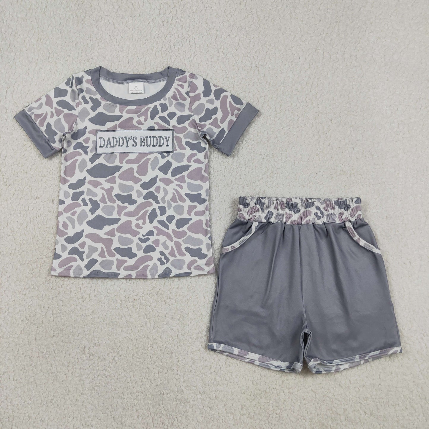 BSSO1838 Embroidered DADDY'S BUDDY Gray Blue Camouflage Short Sleeve Shorts Boys Sets 202604 RTS
