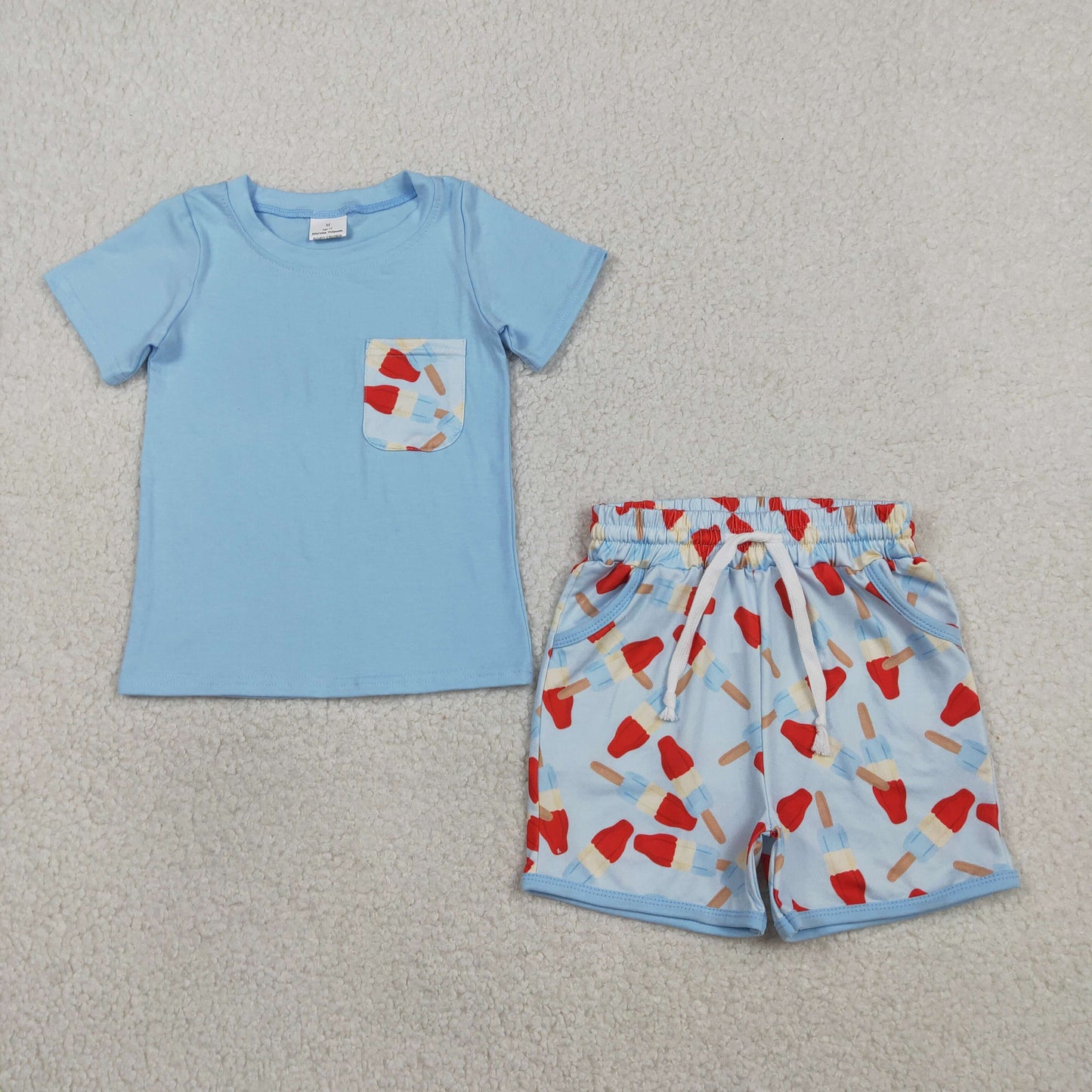 BSSO1844 4th of July Ice Cream Pocket Blue Short Sleeve Shorts Boys Sets 202601 RTS