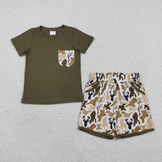 BSSO1845 Deer Hunting Camouflage Pocket Army Green Short Sleeve Shorts Boys Sets 202601 RTS