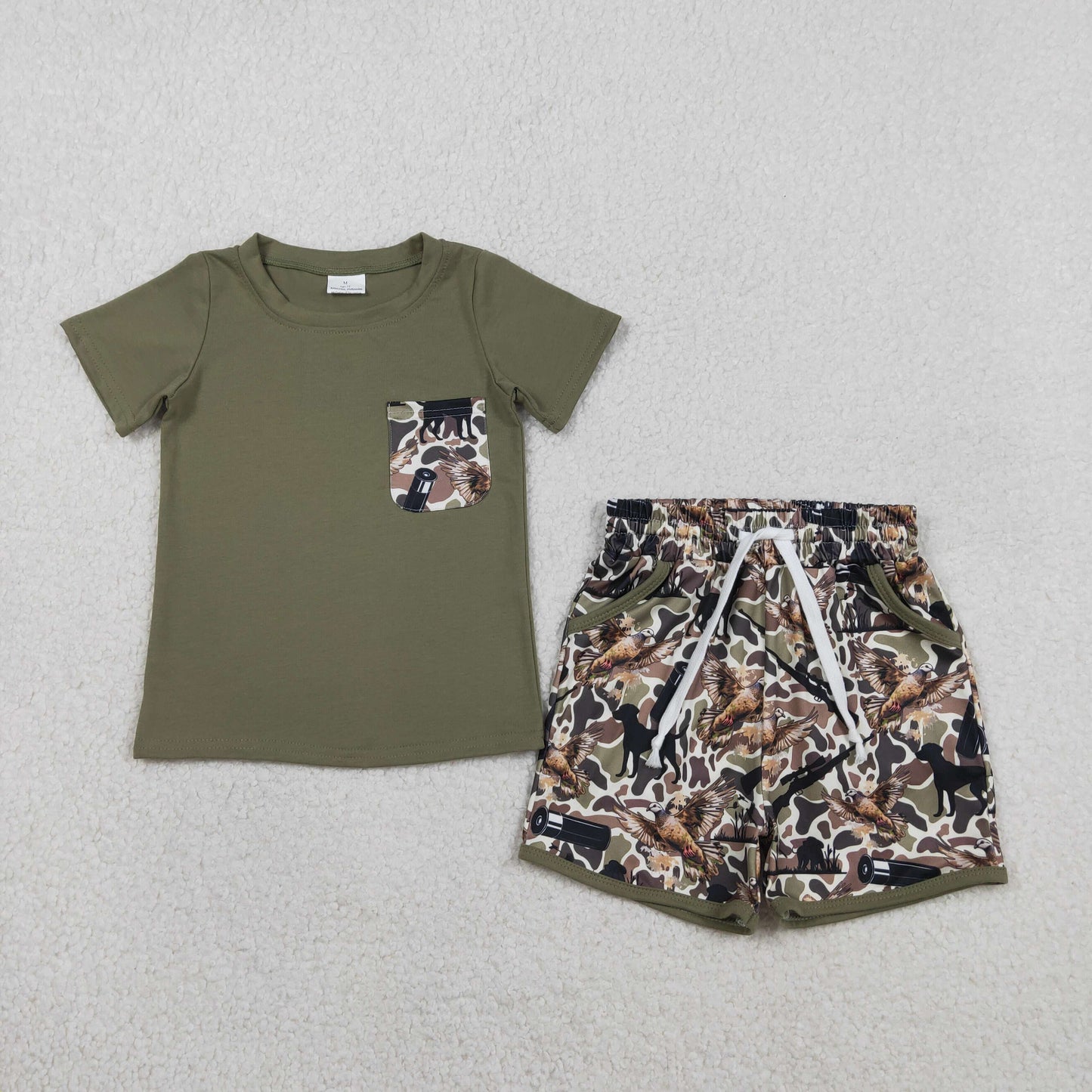 BSSO1847 Puppy Duck Hunting Camouflage Pocket Gray Green Short Sleeve Shorts Boys Sets 202601 RTS