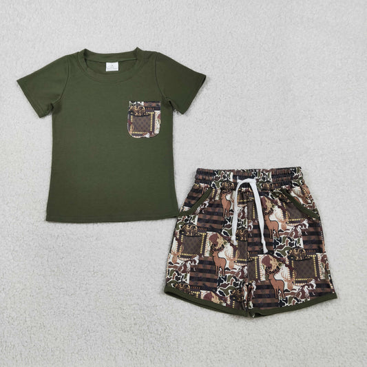 BSSO1848 Deer Hunting Camouflage Pocket Dark Green Short Sleeve Shorts Boys Sets 202601 RTS