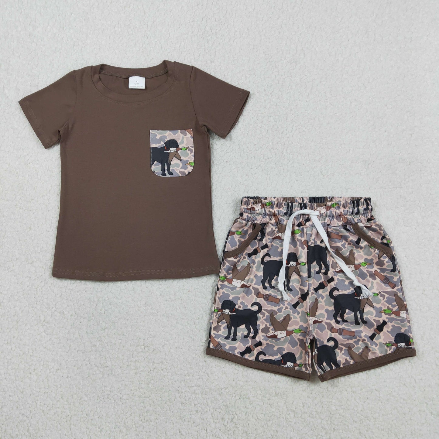 BSSO1849 Puppy Duck Hunting Camouflage Pocket Brown Short Sleeve Shorts Boys Sets 202601 RTS