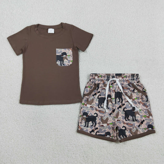 BSSO1849 Puppy Duck Hunting Camouflage Pocket Brown Short Sleeve Shorts Boys Sets 202601 RTS