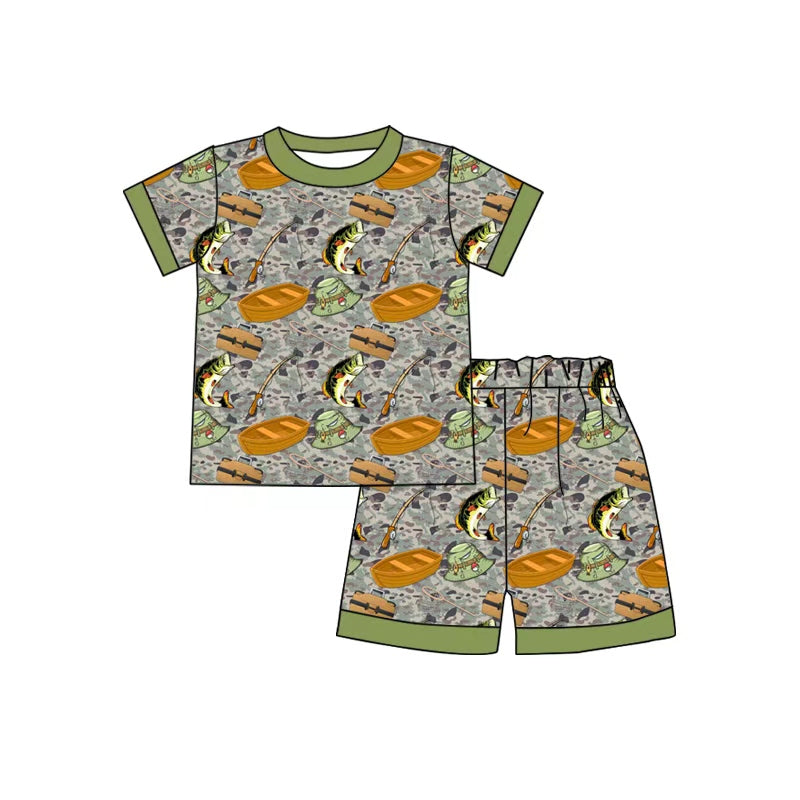 MOQ 5 PCS preorder BSSO1852 Fishing Pattern Camouflage Green Short Sleeve Shorts Boys Sets 202601