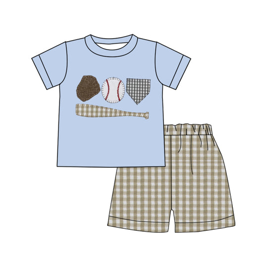 MOQ 5 PCS preorder BSSO1853 Baseball Pattern Blue Short Sleeve Plaid Shorts Boys Sets 202601