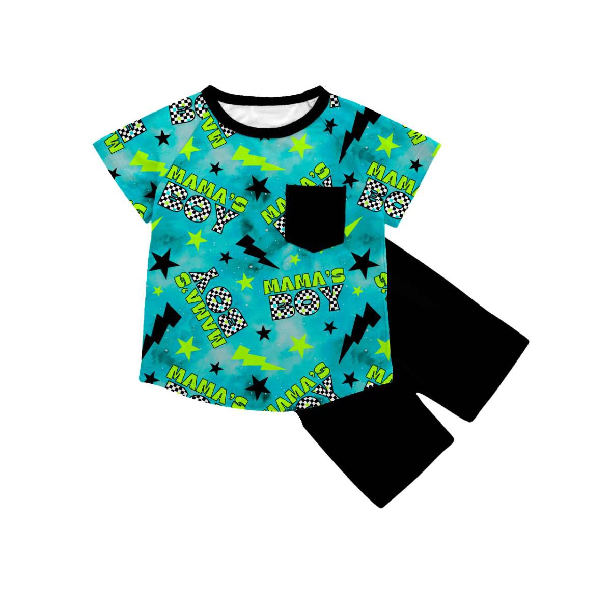 MOQ 5 PCS preorder BSSO1854 MAMA'S BOY Lightning Star Pocket Blue Short Sleeve Black Shorts Boys Sets 202601
