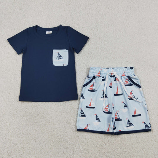 BSSO1855 Sailboat Pocket Navy Short Sleeve Shorts Boys Sets 202603 RTS