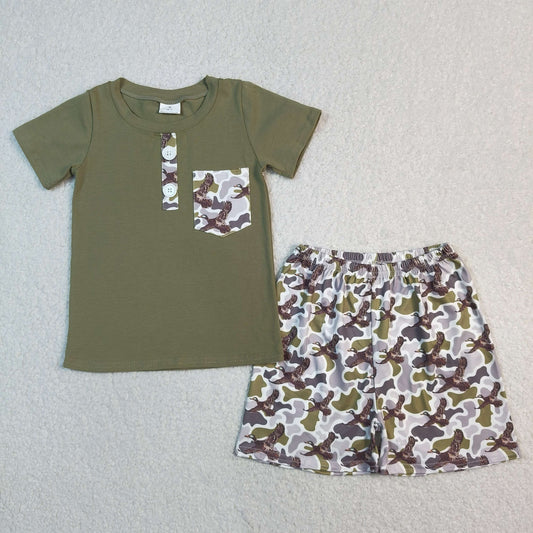 BSSO1856 Duck Hunting Camouflage Pocket Gray Green Short Sleeve Shorts Boys Sets 202604 RTS