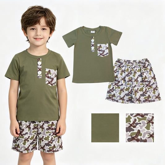 BSSO1856 Duck Hunting Camouflage Pocket Gray Green Short Sleeve Shorts Boys Sets 202604 RTS
