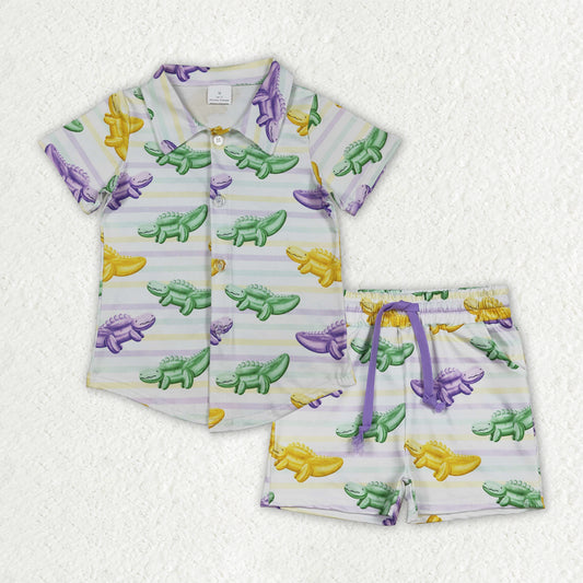 BSSO1859 Mardi Gras Crocodile Stripe White Polo Short-Sleeved Top white Shorts Boys Sets 202601 RTS