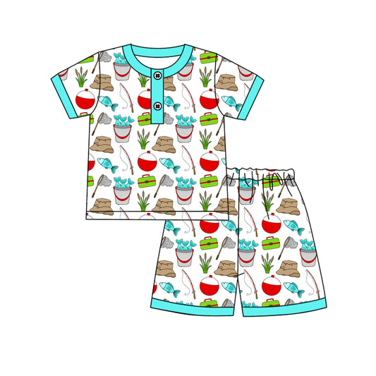 MOQ 5 PCS preorder BSSO1862 Fishing Net Blue Green Short Sleeve Shorts Boys Pajama Set 202601