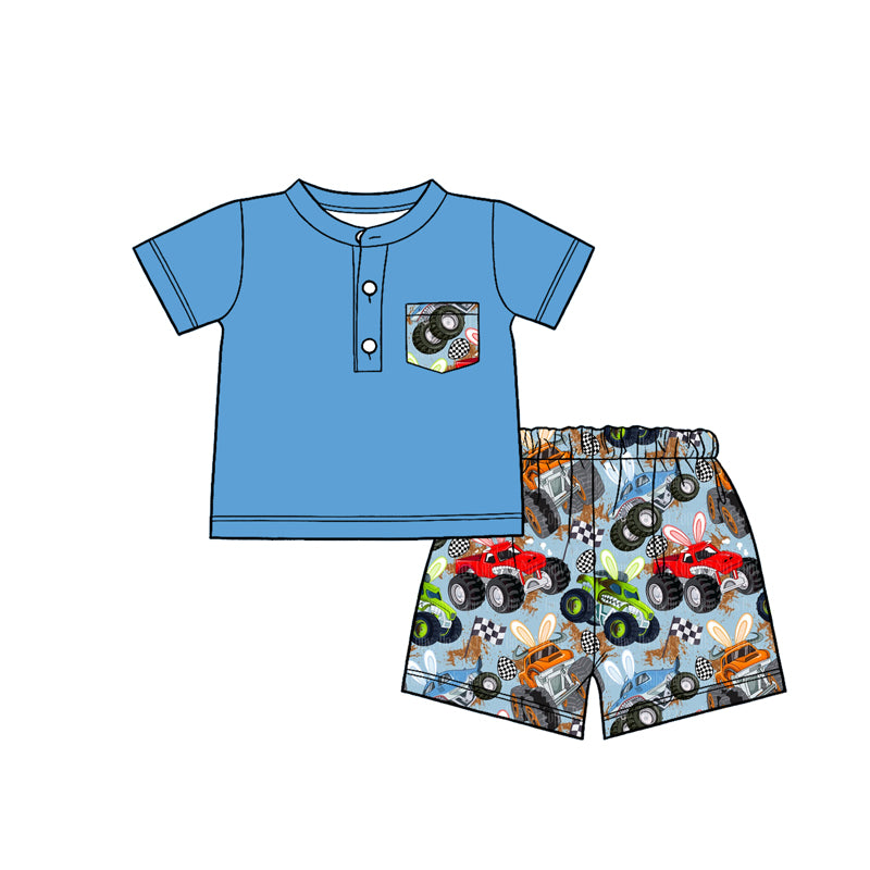 MOQ 5 PCS preorder BSSO1864 Easter Bunny Ears Off-Road Vehicle Blue Short Sleeve Shorts Boys Sets 202601