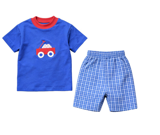 MOQ 5 PCS preorder BSSO1866 Baseball Car Blue Short Sleeve Plaid Shorts Boys Sets 202601