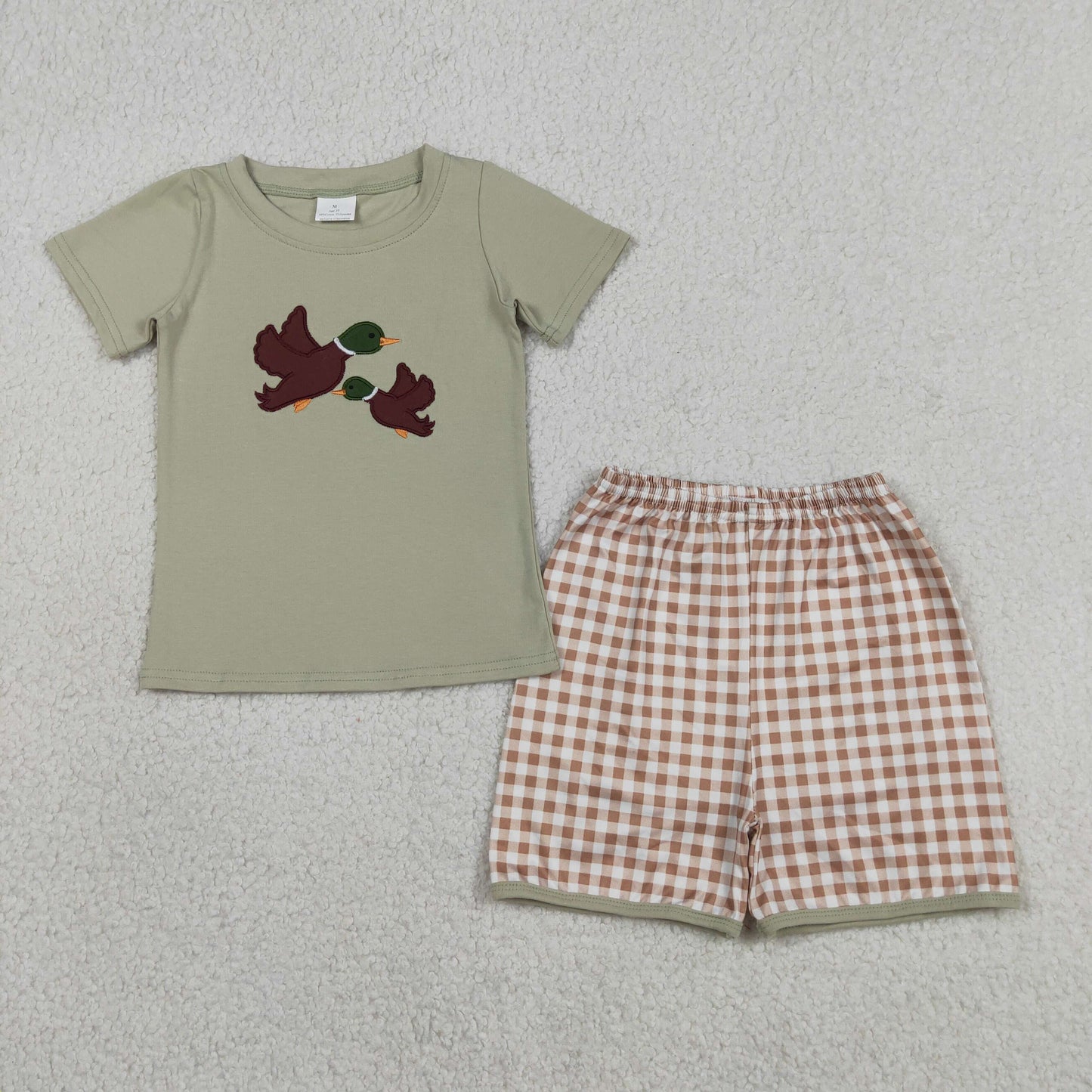 BSSO1867 Embroidered Duck Hunting Pea Green Short Sleeve Plaid Shorts Boys Sets 202604 RTS
