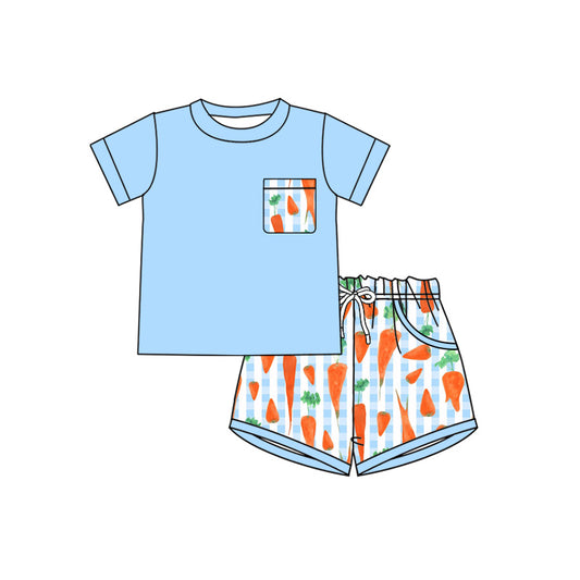 MOQ 5 PCS preorder BSSO1872 Easter Carrots Pocket Blue Short Sleeve Plaid Shorts Boys Sets 202601
