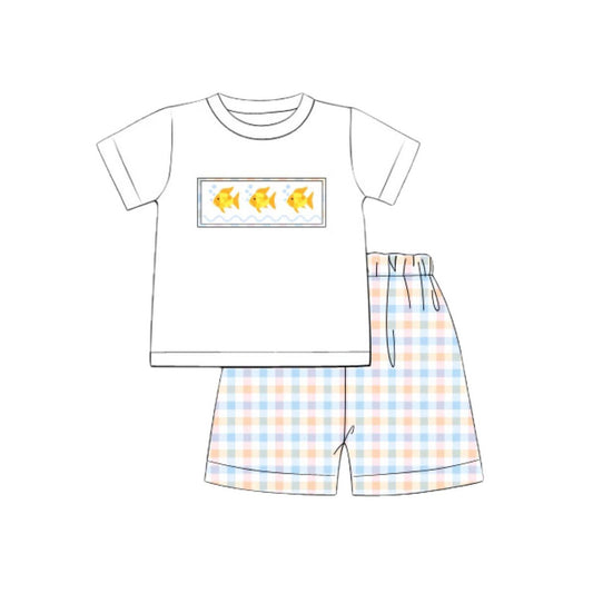 MOQ 5 PCS preorder BSSO1875 Fish Pattern White Short Sleeve Colored Plaid Shorts Boys Sets 202601