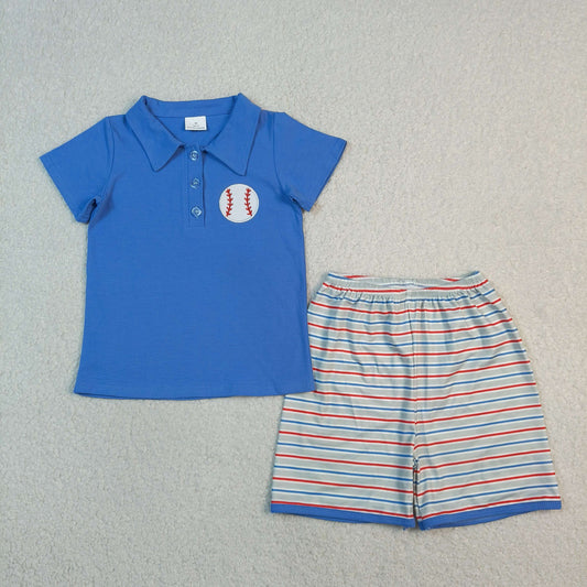 BSSO1877 Embroidered Baseball Blue Polo Short Sleeve Stripe Shorts Boys Sets 202604 RTS