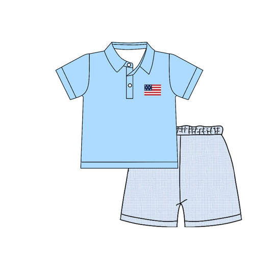 MOQ 5 PCS preorder BSSO1879 4th of July Flag Blue Polo Short Sleeve Shorts Boys Sets 202601