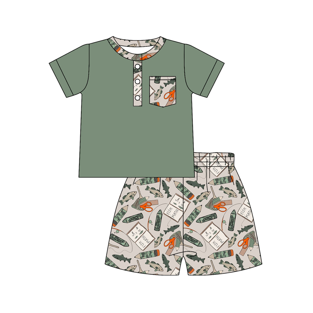 MOQ 5 PCS preorder BSSO1881 Pencil Fishing Pocket Green Short Sleeve Shorts Boys Sets 202601