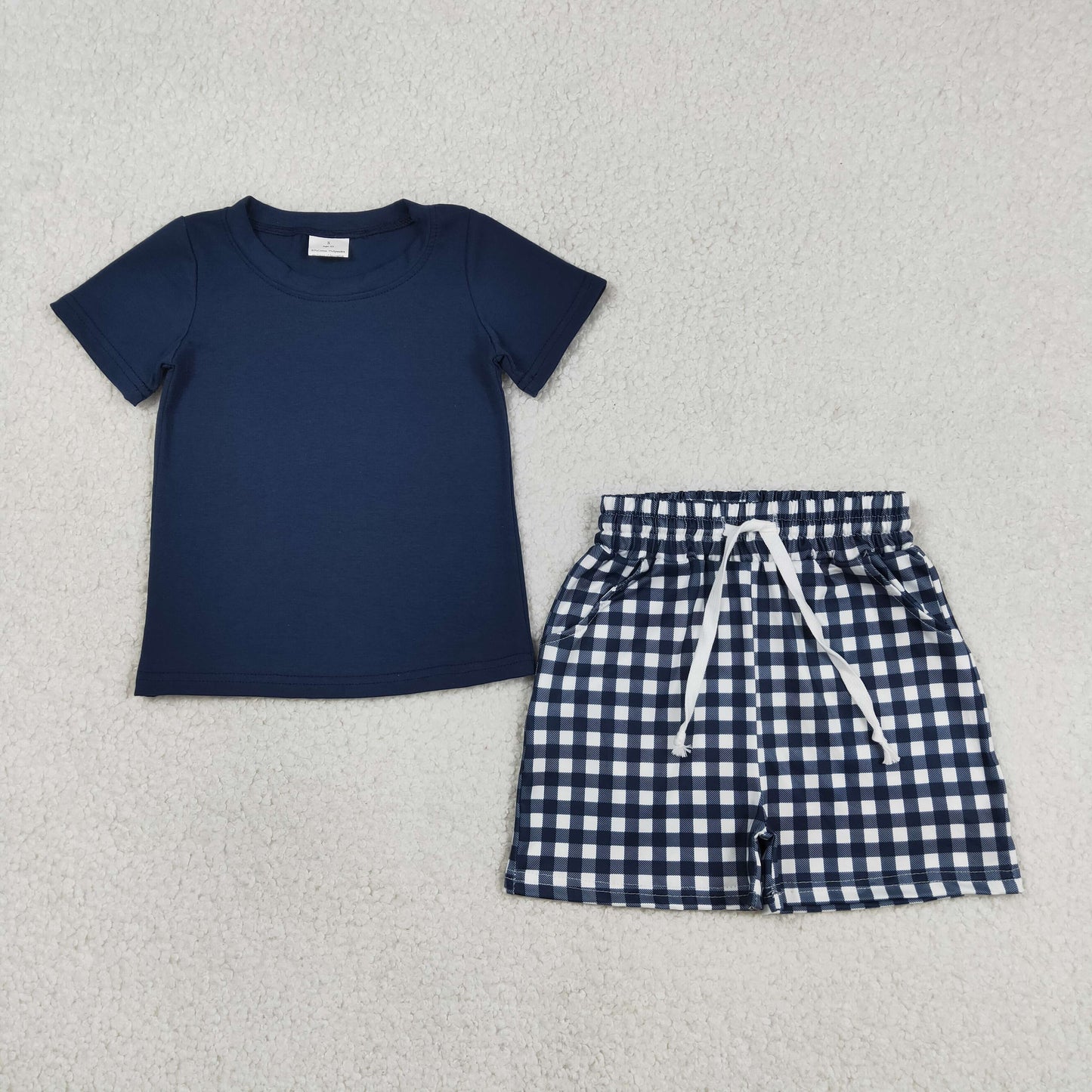 BSSO1882 Solid Navy Short Sleeve Plaid Shorts Boys Sets 202603 RTS