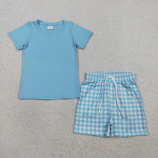 BSSO1883 Solid Sky Blue Short Sleeve Plaid Shorts Boys Sets 202602 RTS