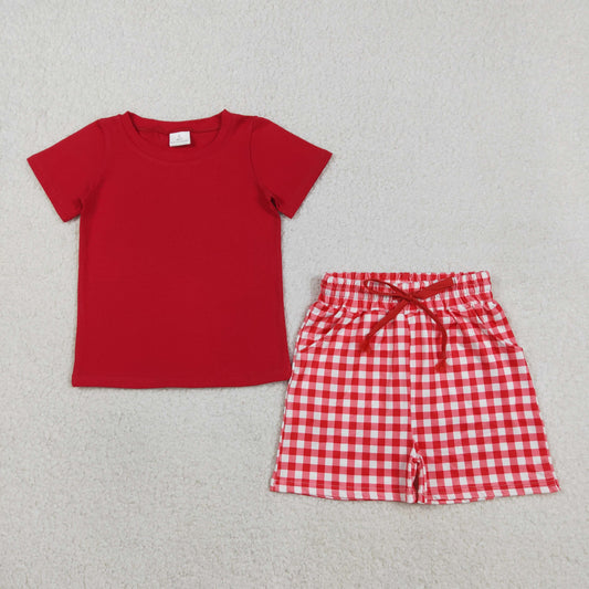 BSSO1884 Solid Red Short Sleeve Plaid Shorts Boys Sets 202603 RTS