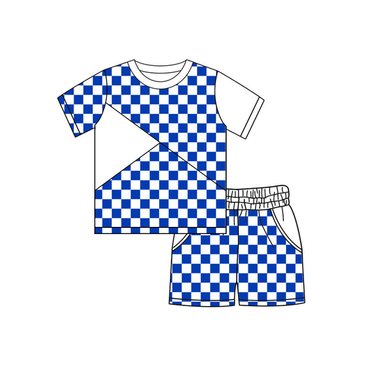 MOQ 5 PCS preorder BSSO1893 Blue White Plaid Patchwork Short Sleeve Shorts Boys Sets 202601