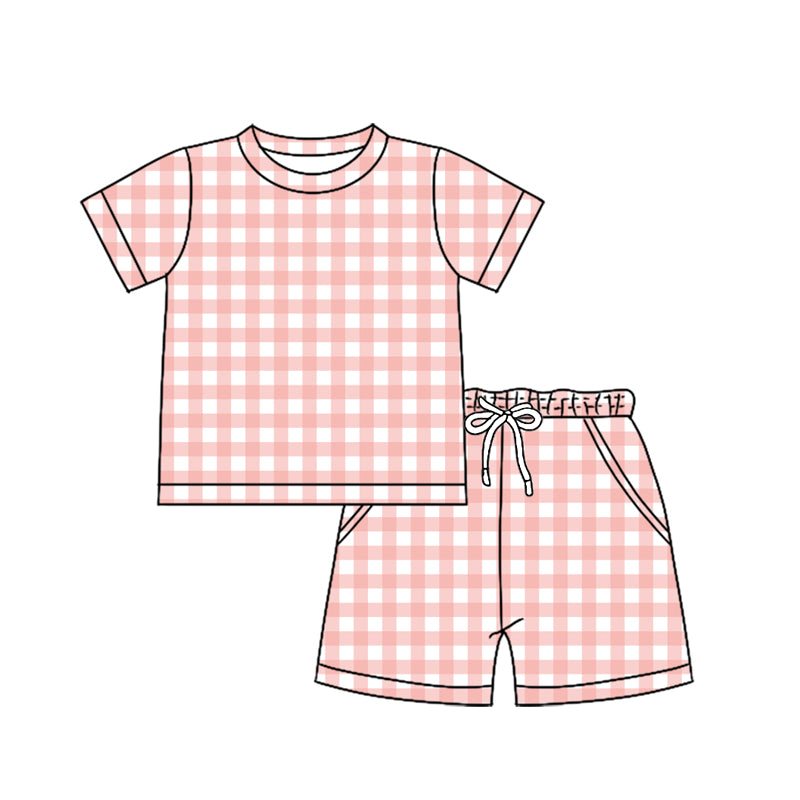 MOQ 5 PCS preorder BSSO1897 Light Pink Plaid Short Sleeve Shorts Boys Sets 202601
