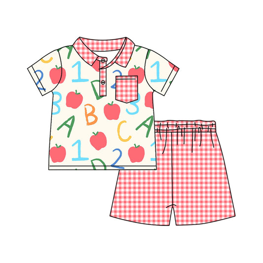 MOQ 5 PCS preorder BSSO1913 Back to School Apple Letter Red Plaid Pocket Polo Short Sleeve Shorts Boys Sets 202601