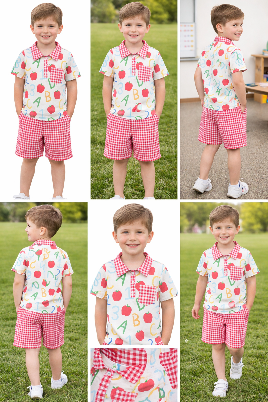 BSSO1913 Back to School Apple Letter Red Plaid Pocket Polo Short Sleeve Shorts Boys Sets 202603 RTS